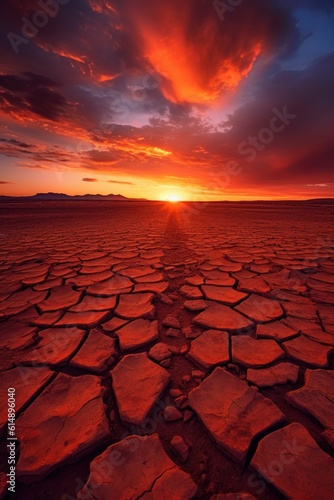 A fiery sunset over a vast desert. AI generated
