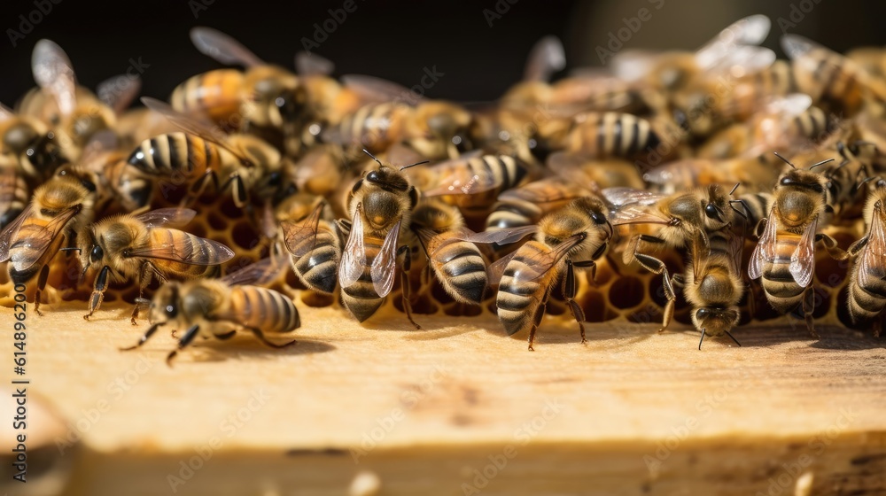 Close up of worker bee collecting and depositing honey and pollen. Made with the highest quality generative AI tools Close up of worker bee collecting and depositing honey and pollen. Made with the highest quality generative AI tools