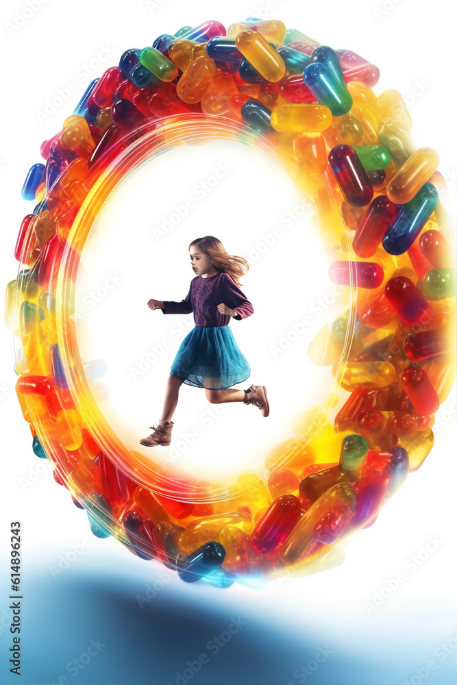 Cute girl of Asian appearance is jumping against background of flying colorful sweets. Generative AI. High quality illustration Cute girl of Asian appearance is jumping against background of flying colorful sweets. Generative AI. High quality illustration