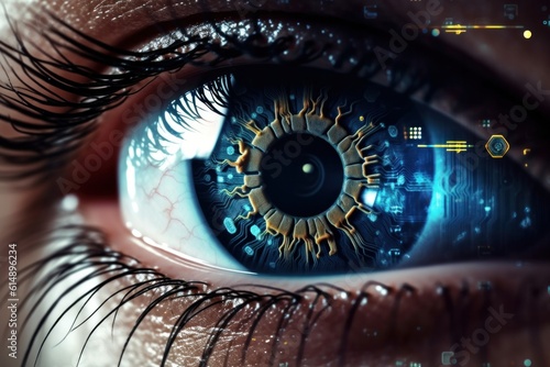 Close-up of a human eye reflecting a digital landscape, reflecting the symbiotic relationship between the mind and the virtual world. Generative AI