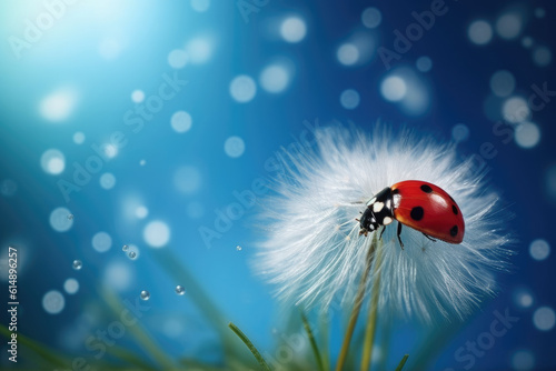 A beautiful small red ladybug in flight, against a white fluffy dandelion. A macro shot that focuses on the details, with a blue background and ample copy space. Generative Ai, Ai. © Sebastian