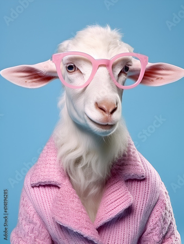 portrait of goat with round pink glasses in suit on a blue minimalistic background, fashionable clothes, cute and funny, ai generative
