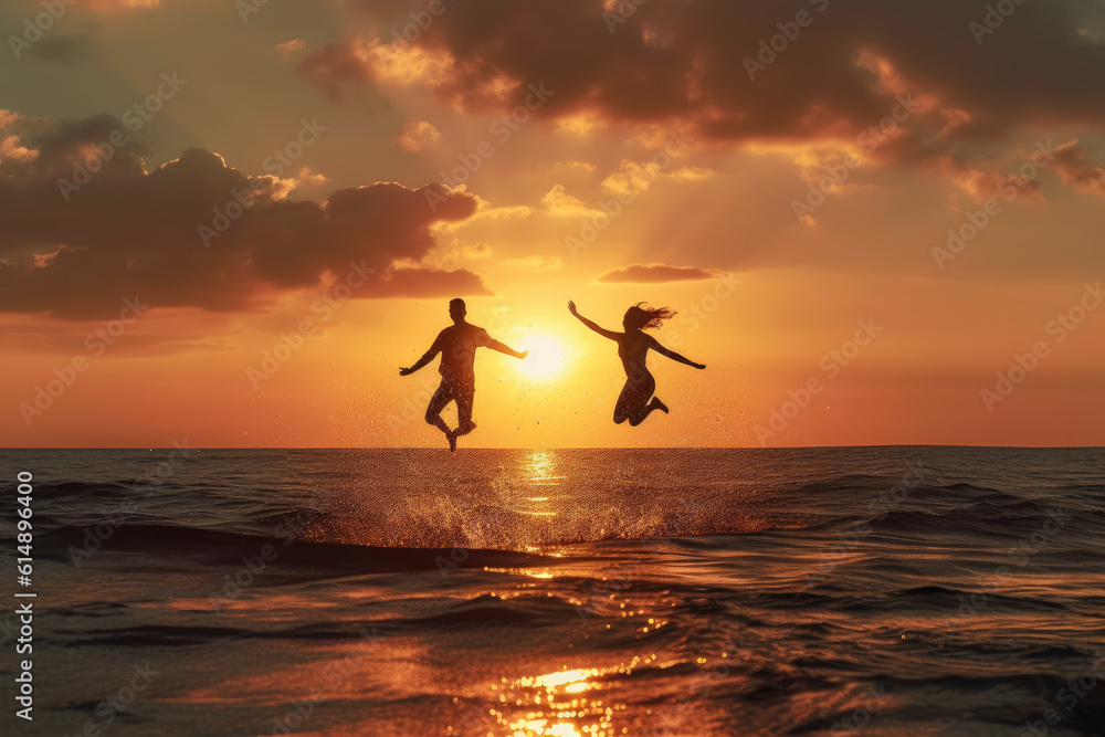 View of a happy couple jumping against the background of the sea and the setting sun. The concept of joy and happiness in a couple, a group of friends. Generative Ai, Ai.