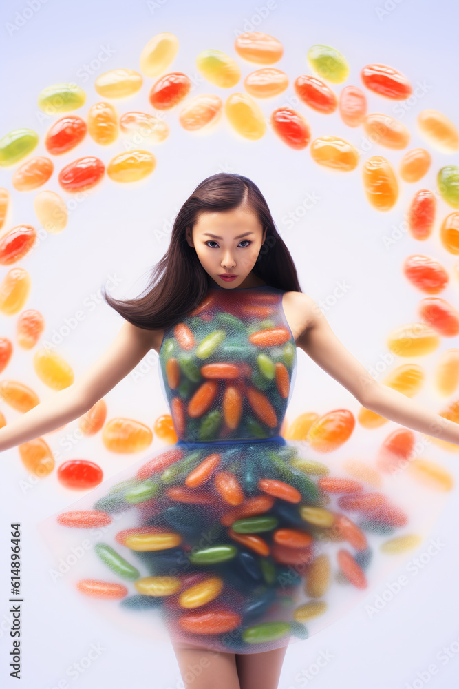 Cute girl of Asian appearance is jumping against background of flying colorful sweets. Generative AI. High quality illustration
