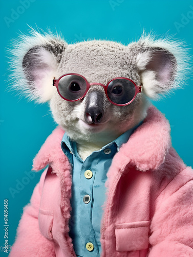 portrait of koala with round glasses in suit on a blue minimalistic background, fashionable clothes, cute and funny, ai generative