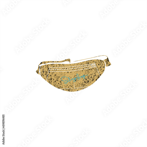silhouette illustration of sling bag with handwritten typography and scratched metal pattern