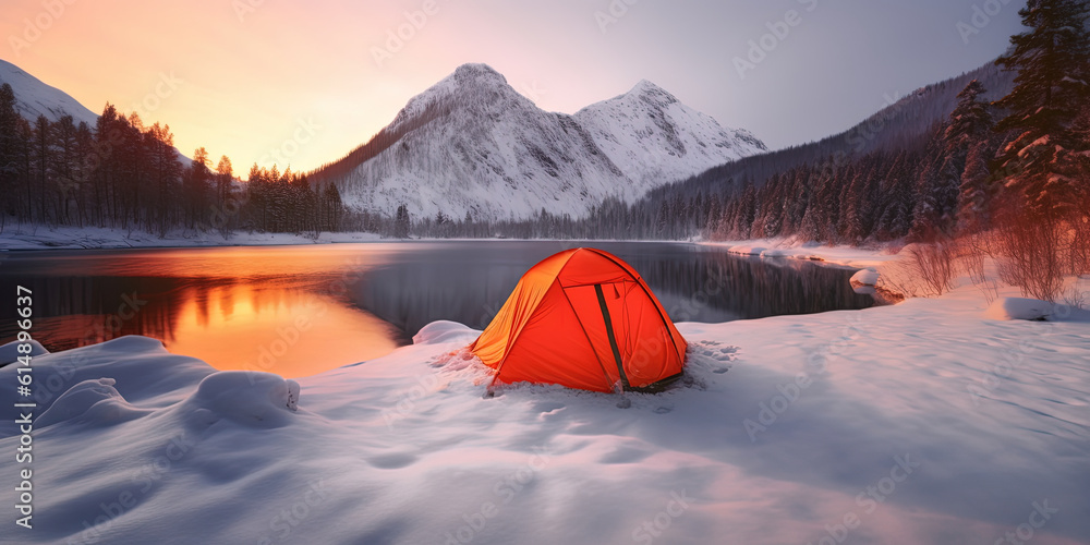 lonely tourist orange tent on a snow near Mountain Lake in the mountains, generative AI