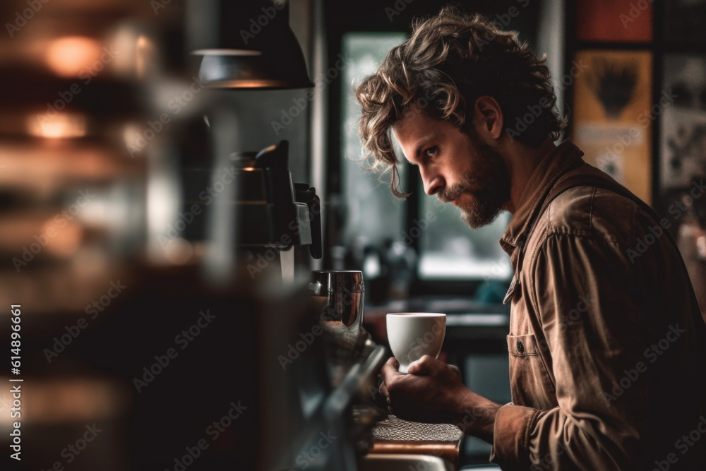 Skilled barista holding a cup of freshly brewed coffee next to the coffee machine, capturing the atmosphere and aroma of a beautiful cafe experience. Generative AI Technology.