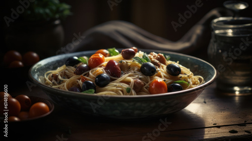 A bowl of spaghetti with olives and tomatoes. Generative AI