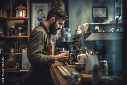 Skilled barista holding a cup of freshly brewed coffee next to the coffee machine  capturing the atmosphere and aroma of a beautiful cafe experience. Generative AI Technology.