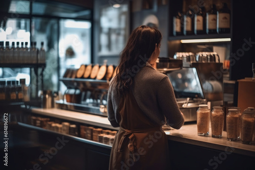 Skilled barista holding a cup of freshly brewed coffee next to the coffee machine, capturing the atmosphere and aroma of a beautiful cafe experience. Generative AI Technology. © vefimov