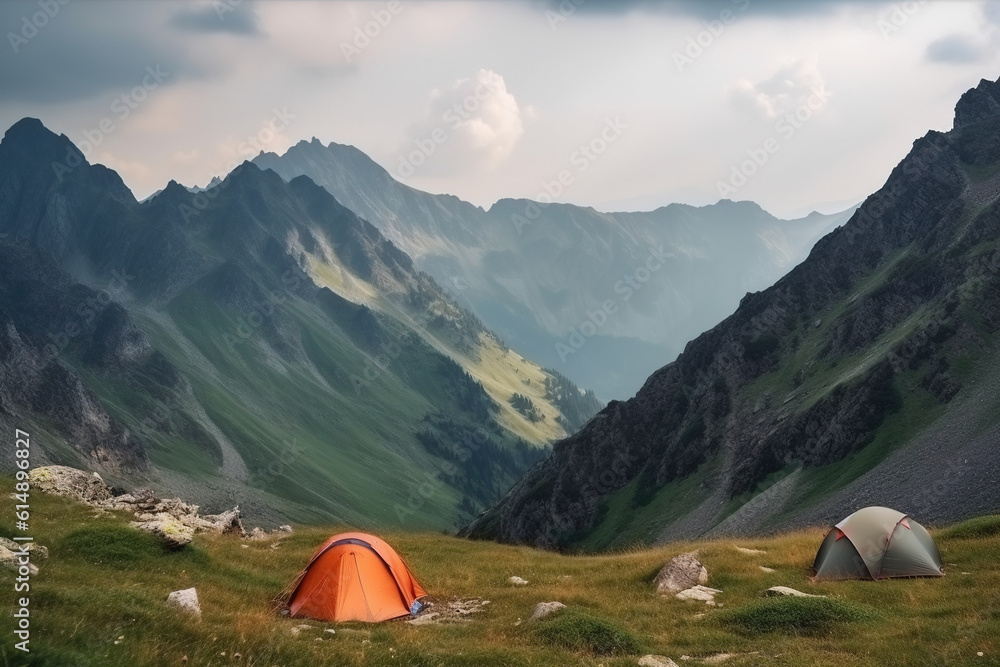 tourist camp in the valley in high mountains, hiking tourist tents, generative AI