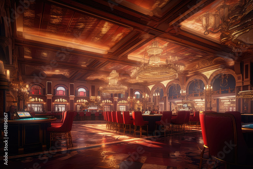 Illuminated in radiant splendor, a grand casino comes alive in the heart of a bustling metropolis. Generative Ai, Ai.