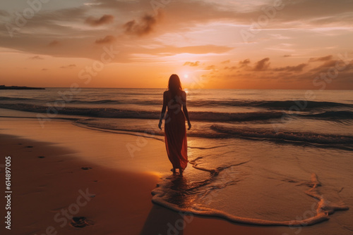 A beautiful girl in a flowing dress strolls along the sandy beach at sunset  her hair dancing in the wind  enjoying the tranquility of the sea. Generative AI Technology.