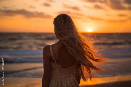 A beautiful girl in a flowing dress strolls along the sandy beach at sunset, her hair dancing in the wind, enjoying the tranquility of the sea. Generative AI Technology. © vefimov