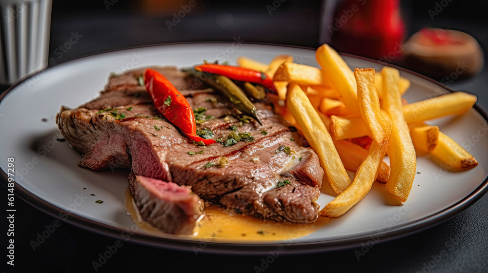 A beautiful veal entrecote on a white plate accompanied by french fries and fried peppers. Copy space. Generative IA. (1) A beautiful veal entrecote on a white plate accompanied by french fries and fried peppers. Copy space. Generative IA. (1)