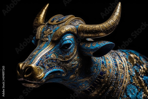 A magnificent figurine of a bull lavishly adorned with intricate decorations  representing strength  beauty  and cultural heritage. Generative Ai  Ai.