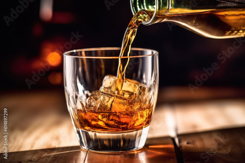 A sophisticated image capturing the art of pouring whiskey over a glass of ice,a classic ritual celebrated by connoisseurs worldwide. Generative AI Technology.