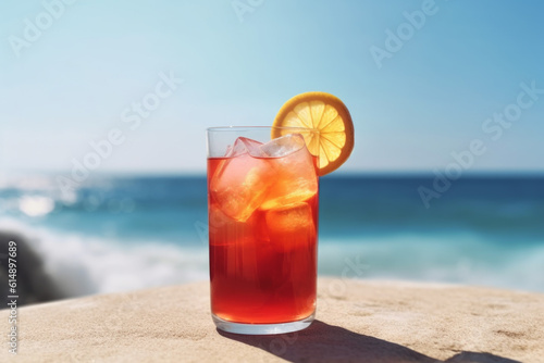 Enjoy a refreshing cocktail with orange and ice while gazing at the breathtaking turquoise sea. Relax and unwind in paradise with this perfect beverage to quench your thirst. Generative AI Technology.