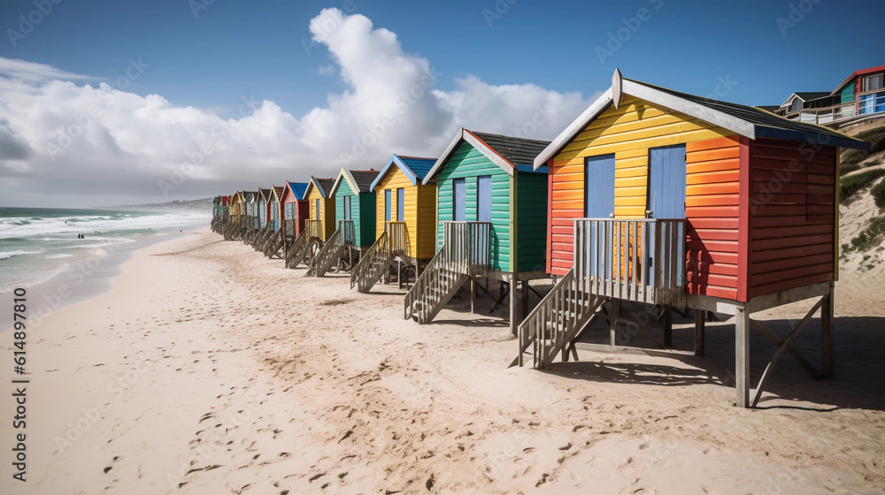Obraz premium A beach section with a row of colorful beach huts along the coastline