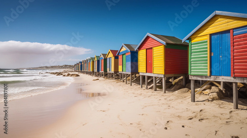 A beach section with a row of colorful beach huts along the coastline