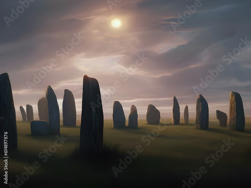 painting of the sun rising in a cloudy sky over an ancient stone circle during the spring equinox with grass on the ground
