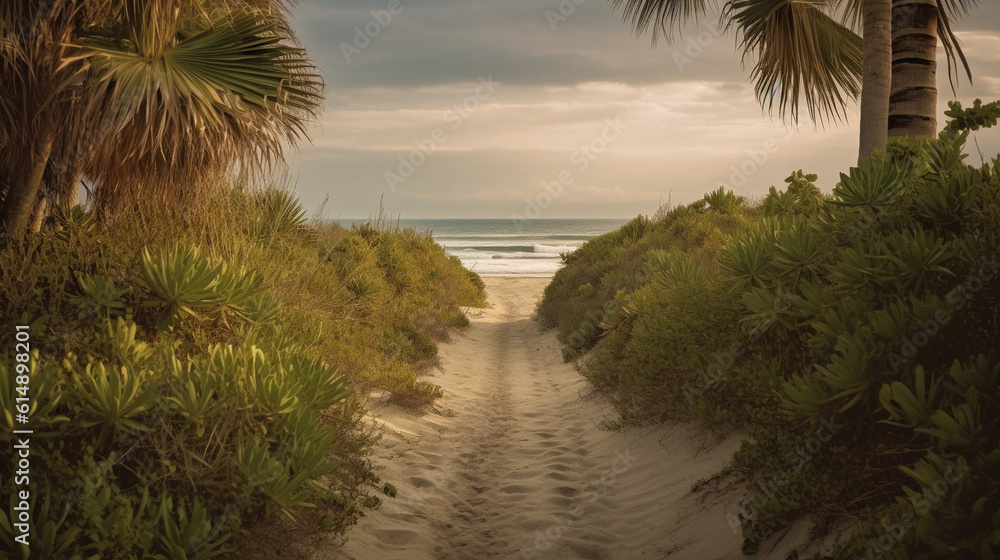 A palm-lined beach pathway leading to a distant horizon A palm-lined beach pathway leading to a distant horizon