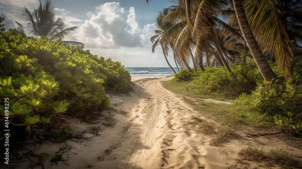 A palm-lined beach pathway leading to a distant horizon A palm-lined beach pathway leading to a distant horizon