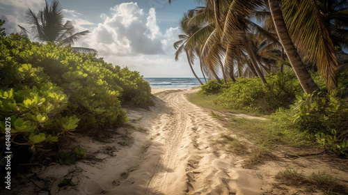 A palm-lined beach pathway leading to a distant horizon