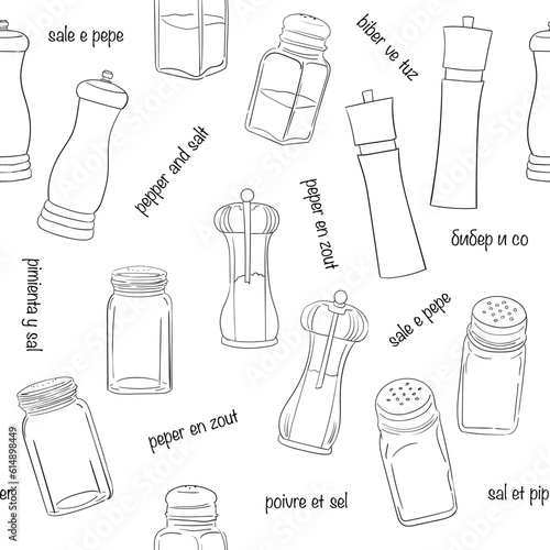Salt and pepper shakers line isolated seamless pattern