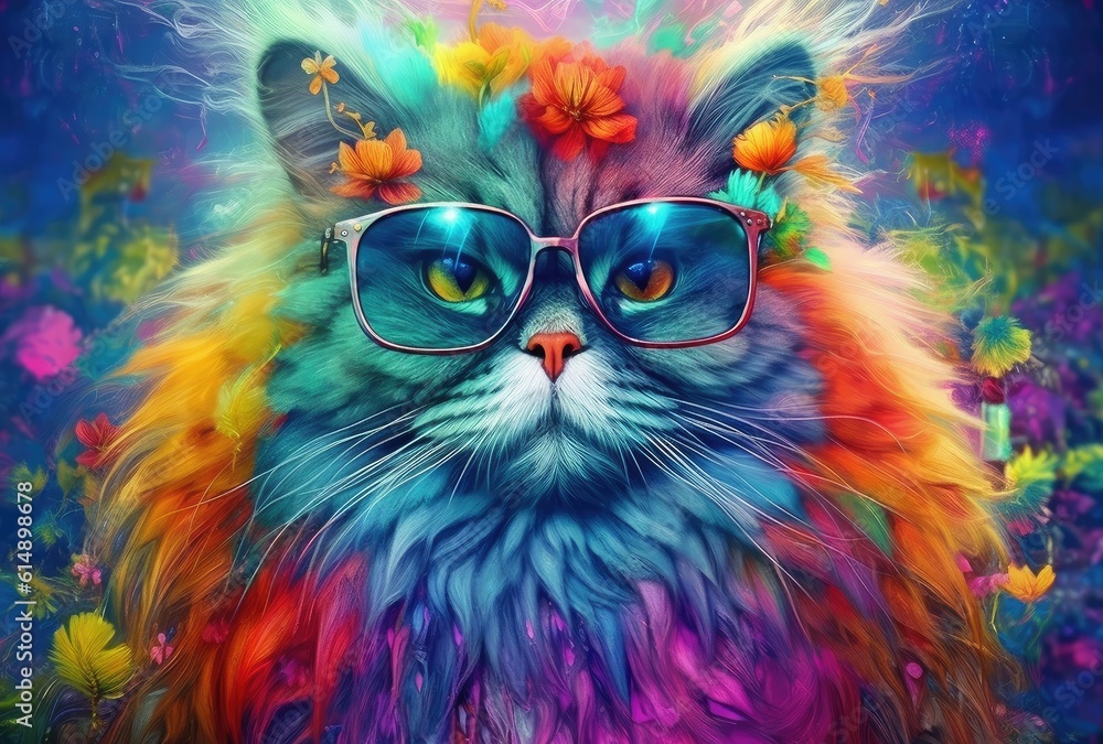 Fototapeta Persian cat with a pair of stylish glasses. The bright and vivid palette adds a sense of playfulness to the artwork, and the cat's confident posture and the whimsical glasses convey a sense of charm.