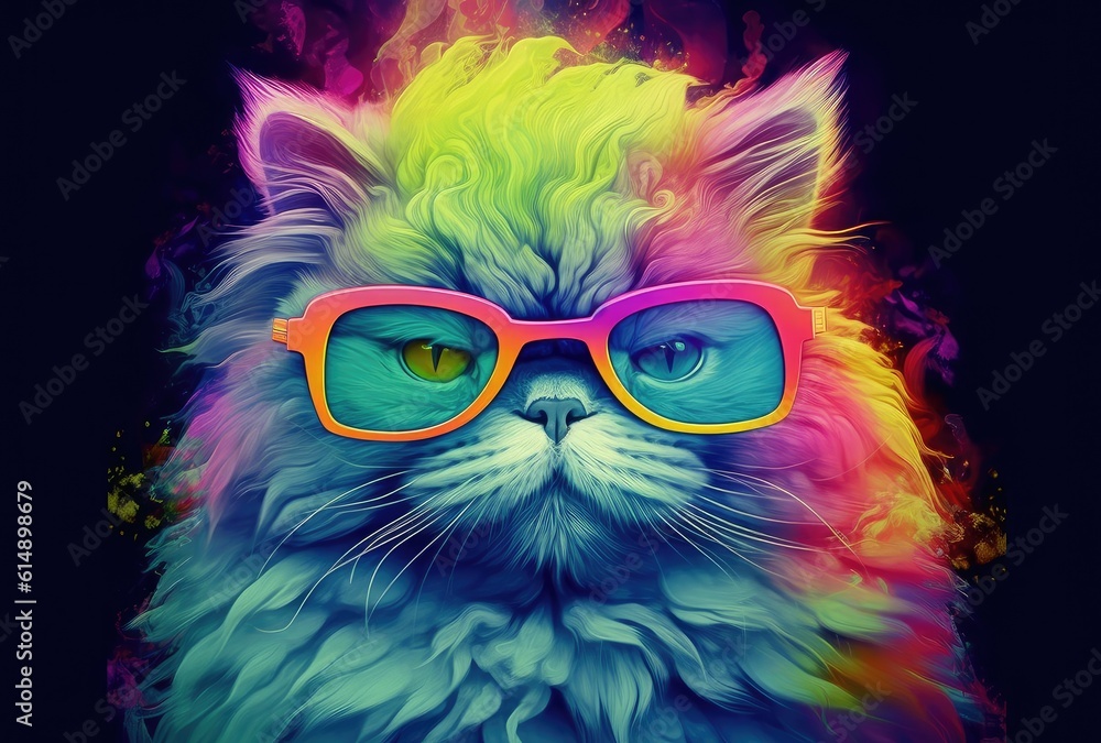 Persian cat with a pair of stylish glasses. The bright and vivid palette adds a sense of playfulness to the artwork, and the cat's confident posture and the whimsical glasses convey a sense of charm.