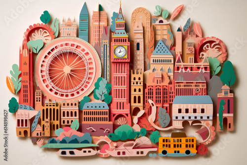 London city colourful illustration. Paper cutout style. Generative ai