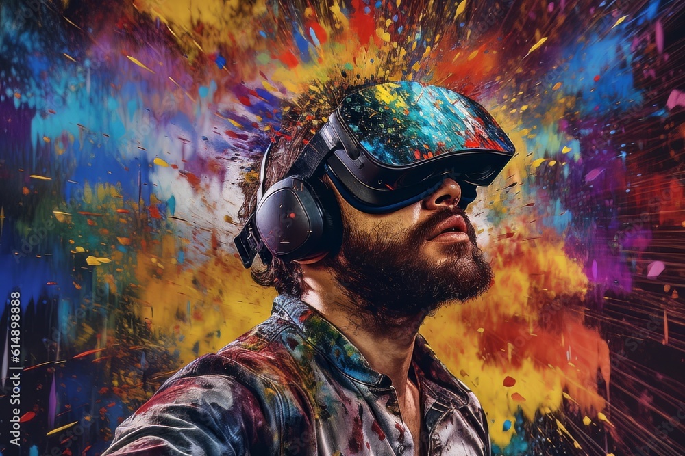 Man with beard face in virtual reality glasses isolated on neon background AI Man with beard face in virtual reality glasses isolated on neon background AI