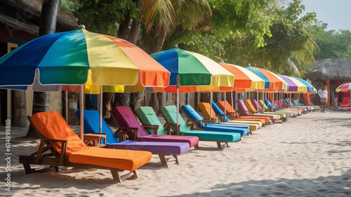 A row of beach loungers under colorful beach umbrellas  ready for relaxing hours by the beach