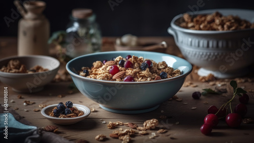 Bowl of homemade granola with nuts and cherry in white bowl on light background. Quick healthy breakfast.