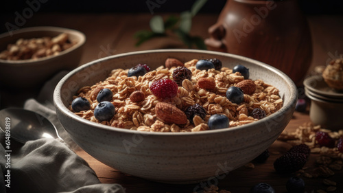 Bowl of homemade granola with nuts and cherry in white bowl on light background. Quick healthy breakfast.