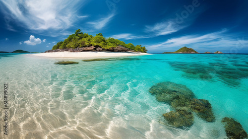 An idyllic tropical island with white sand, surrounded by azure blue water