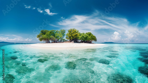 An idyllic tropical island with white sand, surrounded by azure blue water