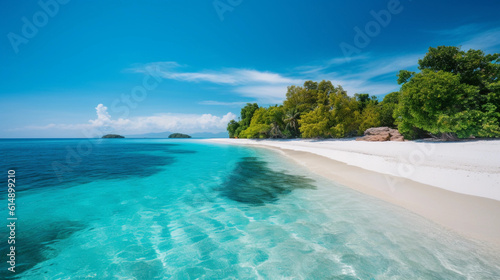 An idyllic tropical island with white sand, surrounded by azure blue water