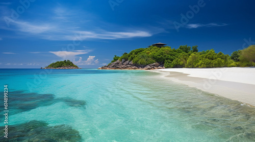 An idyllic tropical island with white sand, surrounded by azure blue water