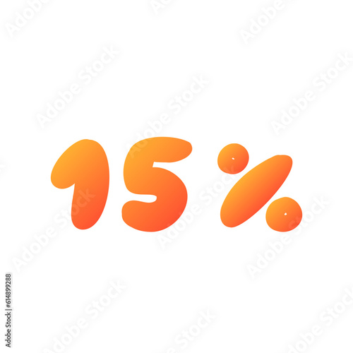 Sale 15 percent off orange discount logo special offer lettering. Vector design illustration in cartoon actual modern style isolated on white background. For discount, menu, seasonal sale, card.