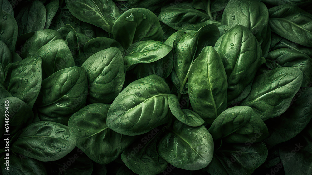 Obraz premium Close up spinach full frame fresh vegetable background. Organic spinach. Spinach top down view seamless background. Healthy freshness spinach. Realistic 3D illustration. Generative AI