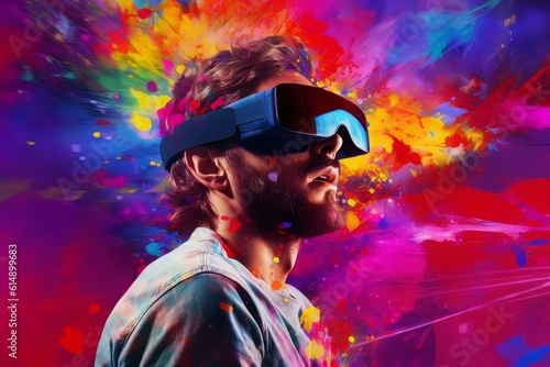 Man with beard face in virtual reality glasses isolated on neon background AI © Vitalii But