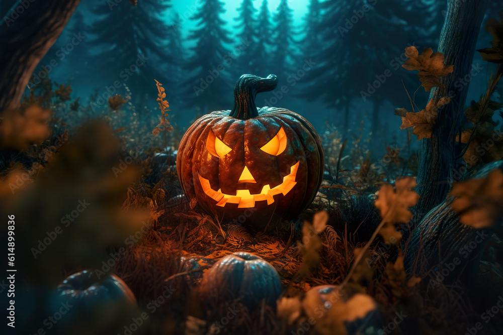 Fototapeta premium Spooky pumpkin amidst forest during Halloween season. Halloween pumpkin lies on the ground among autumn leaves. Realistic 3D illustration. Generative AI