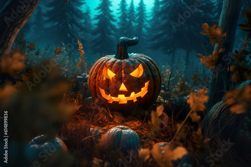 Spooky pumpkin amidst forest during Halloween season. Halloween pumpkin lies on the ground among autumn leaves. Realistic 3D illustration. Generative AI