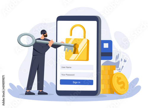 Cyber crime concept. Man with big key near smartphone. Gadgets and devices. Internet security and account access, hacker hacking. Poster or banner for website. Cartoon flat vector illustration