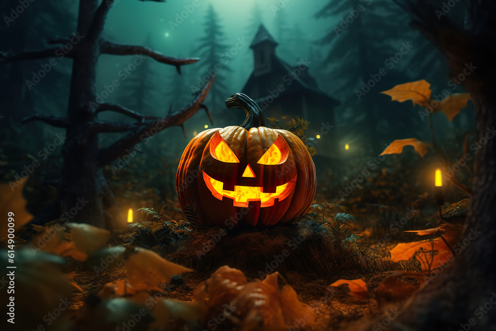 Spooky pumpkin amidst forest during Halloween season. Halloween pumpkin lies on the ground among autumn leaves. Realistic 3D illustration. Generative AI Spooky pumpkin amidst forest during Halloween season. Halloween pumpkin lies on the ground among autumn leaves. Realistic 3D illustration. Generative AI