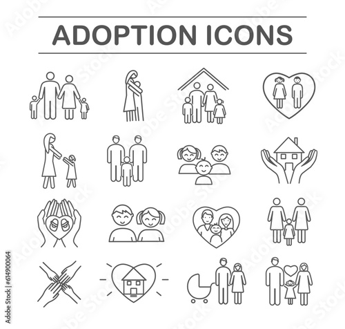 Black adoption icons set. Collection of graphic elements for website. Fertility issues, lesbians and gays. Charity and kindness. Cartoon flat vector illustrations isolated on white background