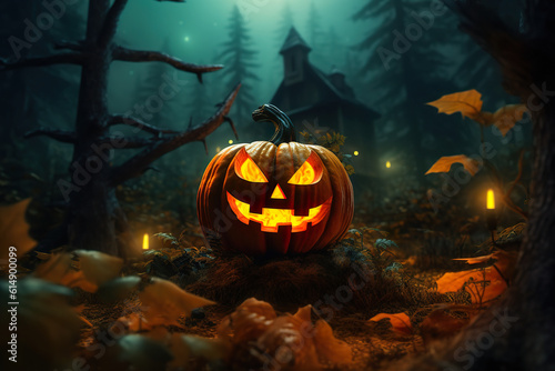 Spooky pumpkin amidst forest during Halloween season. Halloween pumpkin lies on the ground among autumn leaves. Realistic 3D illustration. Generative AI © Vagner Castro